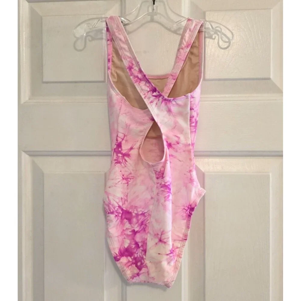 Vintage 2000s Girls Pink Tie Dye Leotard Swimsuit Size S 6-7 Cross Back Keyhole